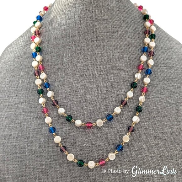 Vintage Long Multicolor Beaded Wire Faux Pearl Flapper Style Gold Tone Necklace - Picture 8 of 11